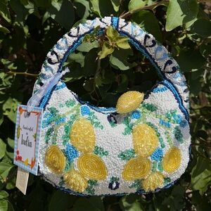 NWT Made in India Lemon Baroque Abstract Amalfi Italy Summer Spring Beaded Bag